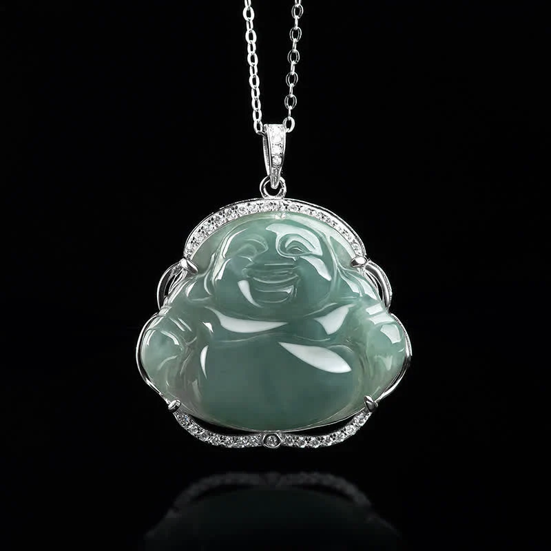 Collana con ciondolo in acciaio al titanio e catena in giada naturale con Buddha Stones Buddha Buddha che ride - Image 4
