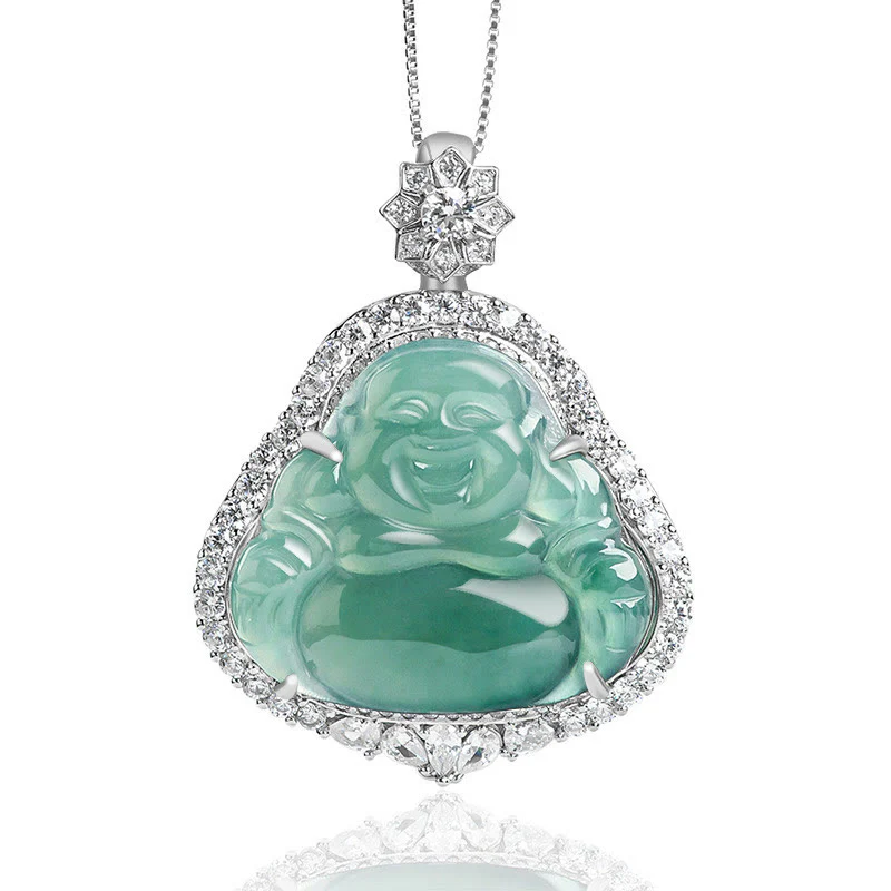Collana con ciondolo a catena in acciaio al titanio Buddha Stones che ride, giada naturale, fortuna e abbondanza