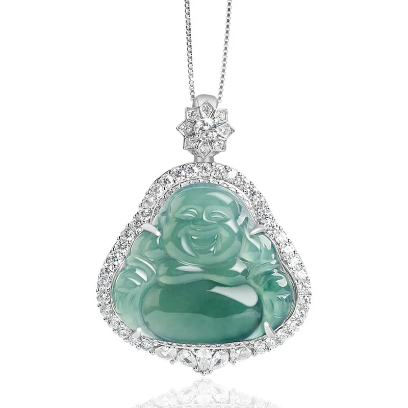 Collana con ciondolo a catena in acciaio al titanio Buddha Stones che ride, giada naturale, fortuna e abbondanza - Image 5