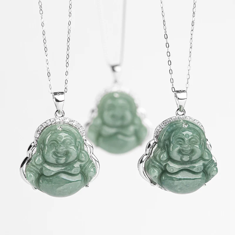 Collana con ciondolo in acciaio al titanio e catena in giada con Buddha che ride Buddha Stones - Image 11