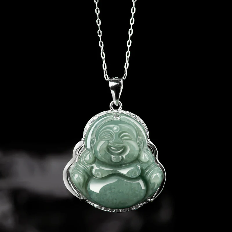 Collana con ciondolo in acciaio al titanio e catena in giada con Buddha che ride Buddha Stones - Image 2