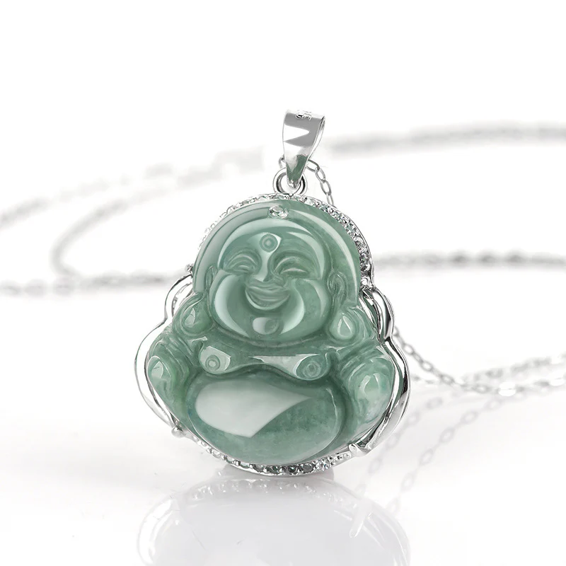 Collana con ciondolo in acciaio al titanio e catena in giada con Buddha che ride Buddha Stones - Image 4