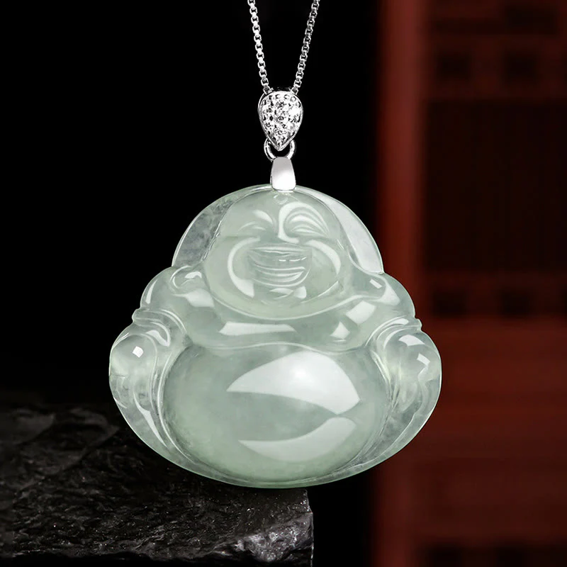 Collana con ciondolo in acciaio al titanio e catena in giada naturale Buddha Stones Buddha che ride, prosperità e abbondanza