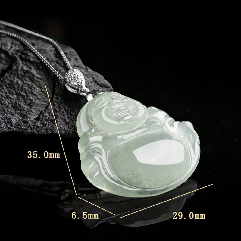 Collana con ciondolo in acciaio al titanio e catena in giada naturale Buddha Stones Buddha che ride, prosperità e abbondanza - Image 10
