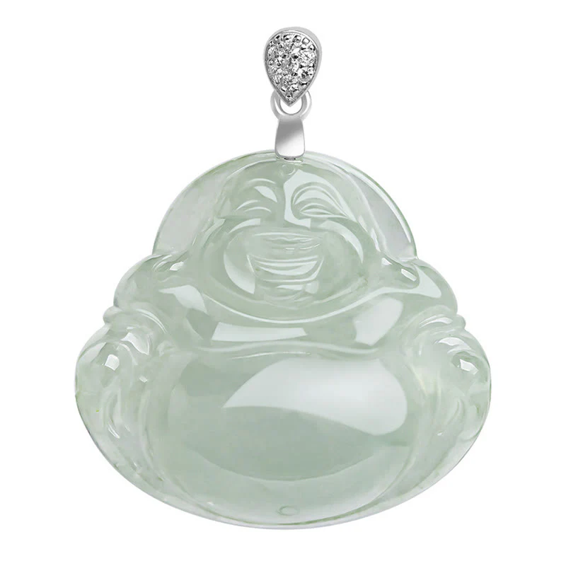 Collana con ciondolo in acciaio al titanio e catena in giada naturale Buddha Stones Buddha che ride, prosperità e abbondanza - Image 11