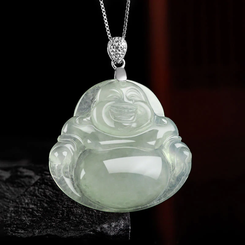 Collana con ciondolo in acciaio al titanio e catena in giada naturale Buddha Stones Buddha che ride, prosperità e abbondanza - Image 2