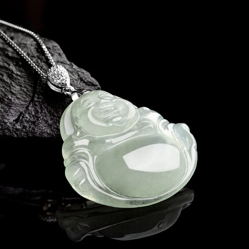 Collana con ciondolo in acciaio al titanio e catena in giada naturale Buddha Stones Buddha che ride, prosperità e abbondanza - Image 3
