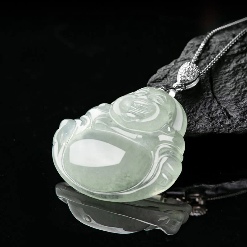 Collana con ciondolo in acciaio al titanio e catena in giada naturale Buddha Stones Buddha che ride, prosperità e abbondanza - Image 4