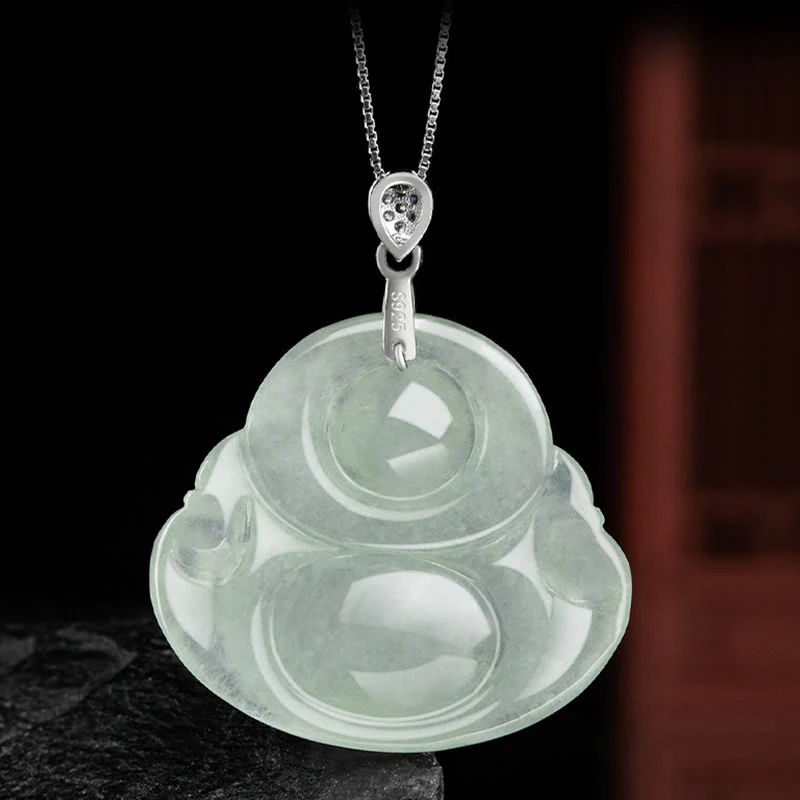Collana con ciondolo in acciaio al titanio e catena in giada naturale Buddha Stones Buddha che ride, prosperità e abbondanza - Image 5