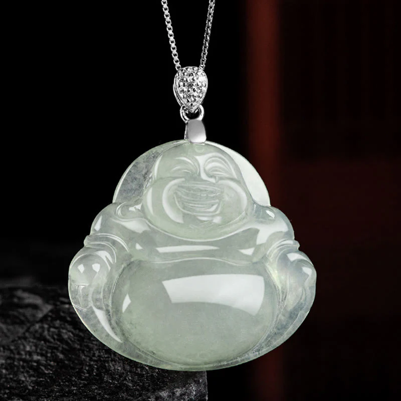Collana con ciondolo in acciaio al titanio e catena in giada naturale Buddha Stones Buddha che ride, prosperità e abbondanza - Image 6
