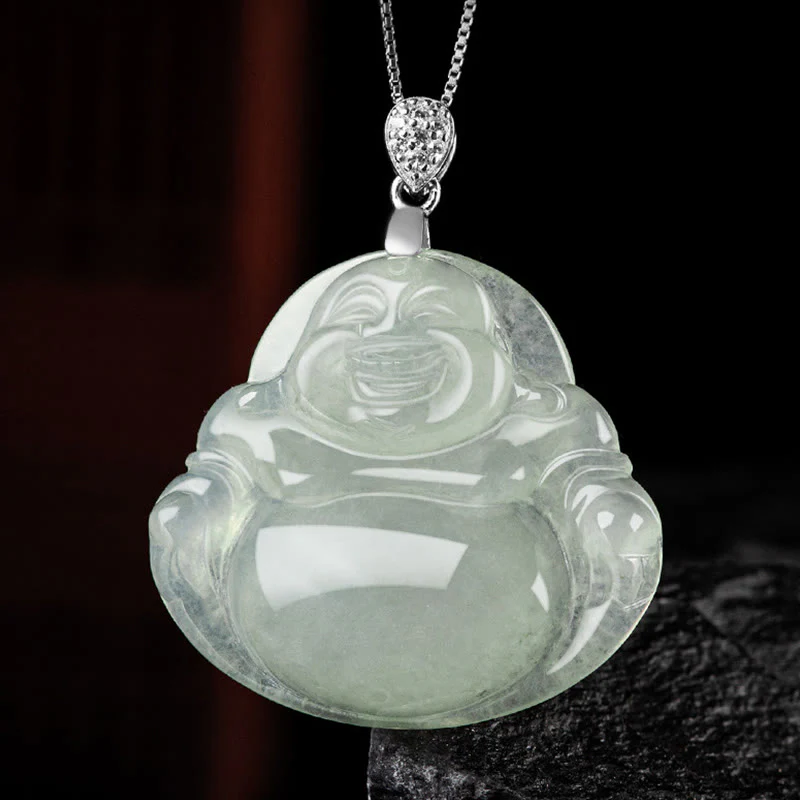 Collana con ciondolo in acciaio al titanio e catena in giada naturale Buddha Stones Buddha che ride, prosperità e abbondanza - Image 7