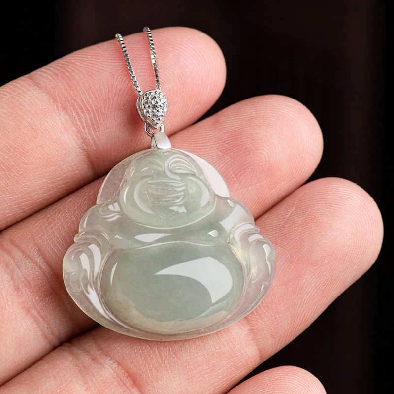 Collana con ciondolo in acciaio al titanio e catena in giada naturale Buddha Stones Buddha che ride, prosperità e abbondanza - Image 8
