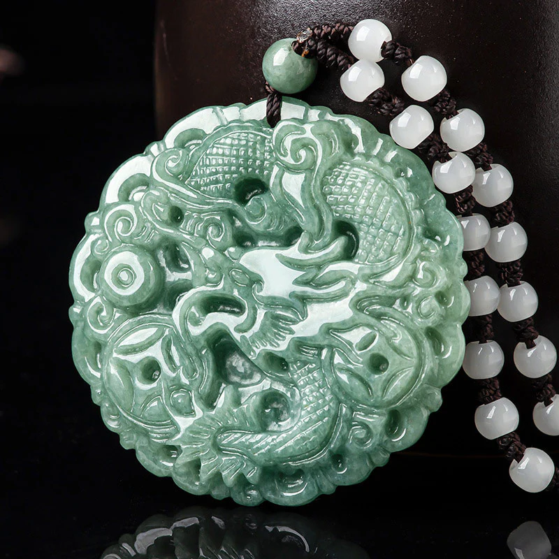Collana con ciondolo a corda con pietre Buddha Stones, zodiaco cinese, drago, giada e fortuna