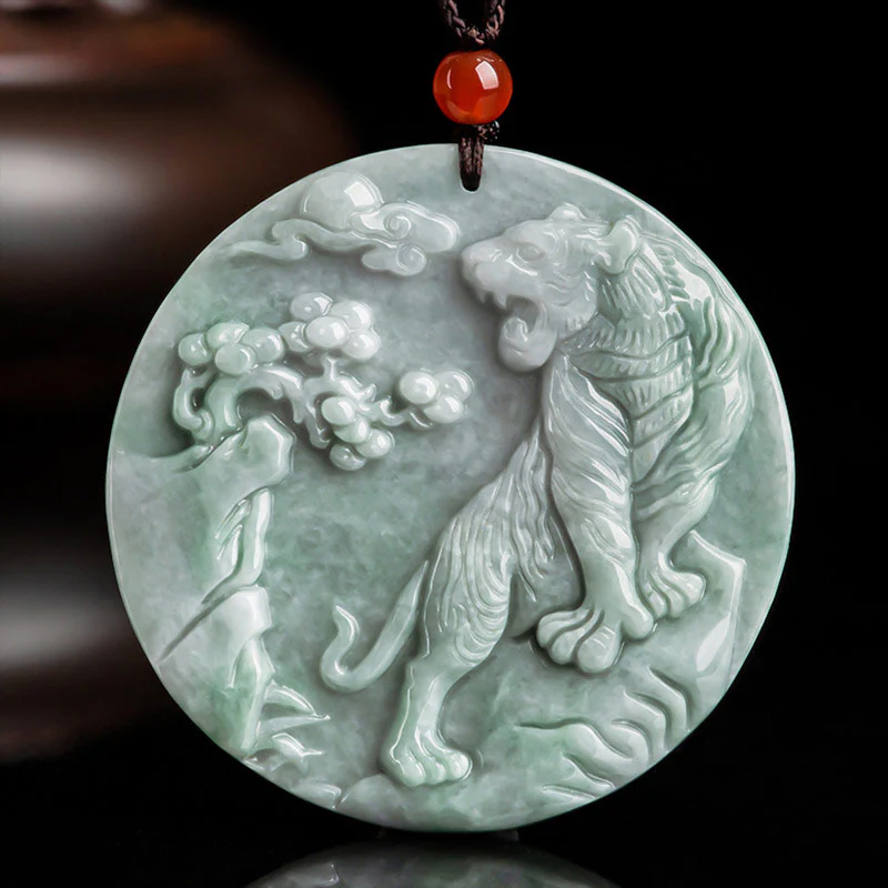 Collana con ciondolo a corda con tigre in giada e pietre Buddha Stones, zodiaco cinese