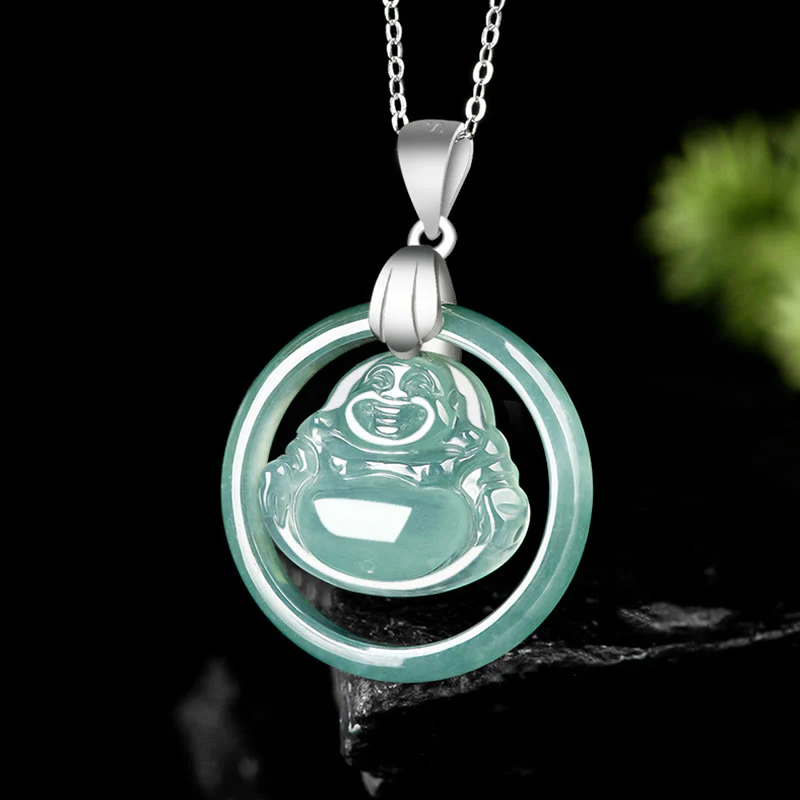 Collana con Buddha Stones in giada naturale, rotonda, con Buddha che ride, in abbondanza, in acciaio al titanio - Image 2