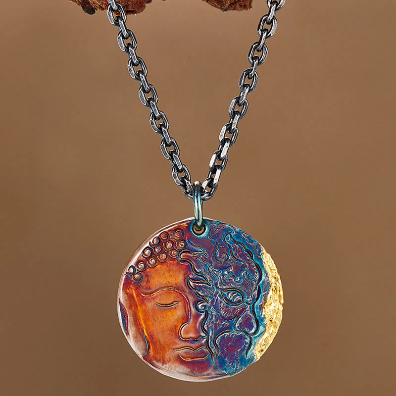 Collana con ciondolo a forma Buddha Stones in argento sterling 999 e oro 24K, metà demone e metà Buddha, con compassione - Image 3