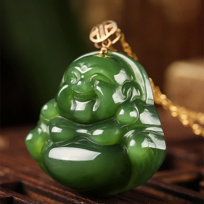 Collana con ciondolo a forma di Buddha che ride in argento sterling 925, giada ciano Hetian e oro 18 carati. - Image 7
