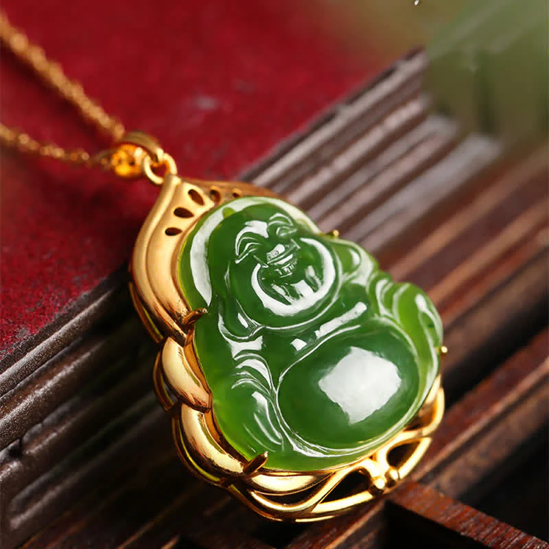 Collana con ciondolo a forma di Buddha che ride in argento sterling 925, giada ciano naturale di Hetian, oro 18 carati, catena di guarigione - Image 2