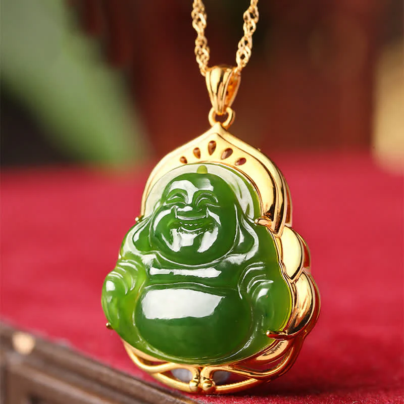 Collana con ciondolo a forma di Buddha che ride in argento sterling 925, giada ciano naturale di Hetian, oro 18 carati, catena di guarigione - Image 4