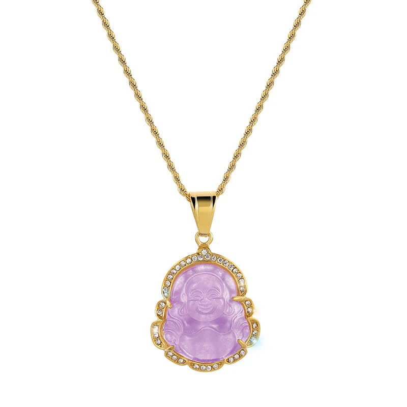 Collana con ciondolo a forma di Buddha in giada con Buddha che ride, riempita in oro 18 carati, Buddha Stones - Image 14