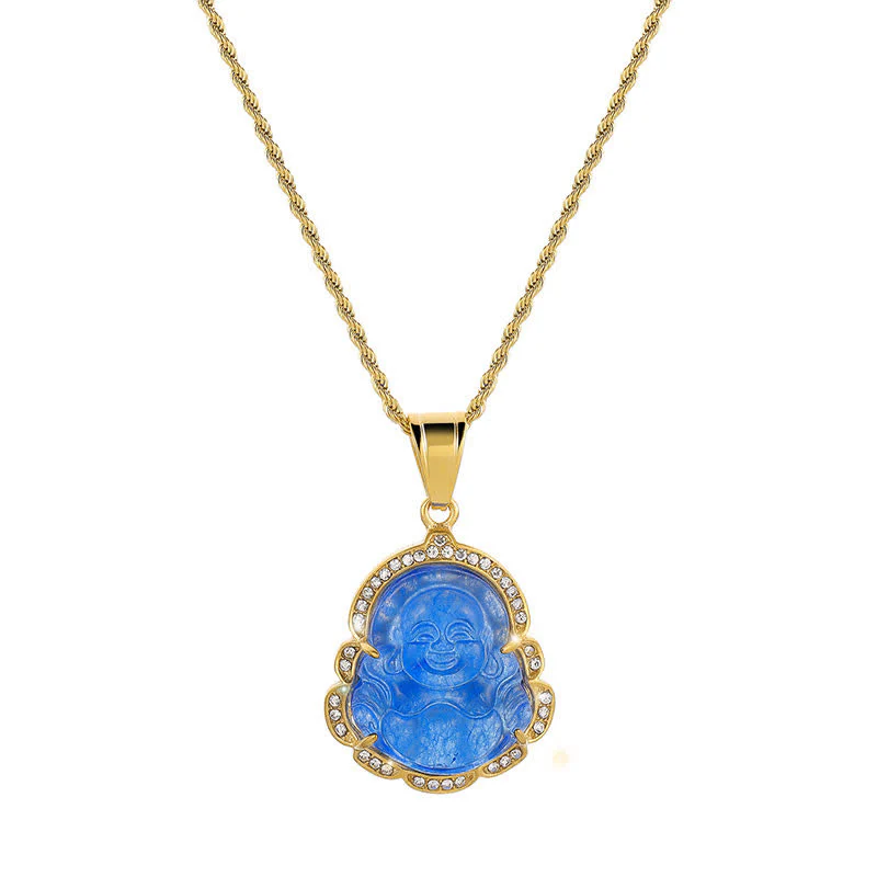 Collana con ciondolo a forma di Buddha in giada con Buddha che ride, riempita in oro 18 carati, Buddha Stones - Image 15