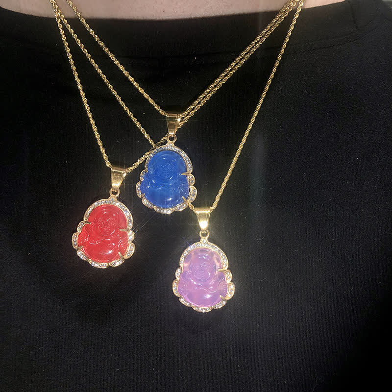 Collana con ciondolo a forma di Buddha in giada con Buddha che ride, riempita in oro 18 carati, Buddha Stones - Image 20