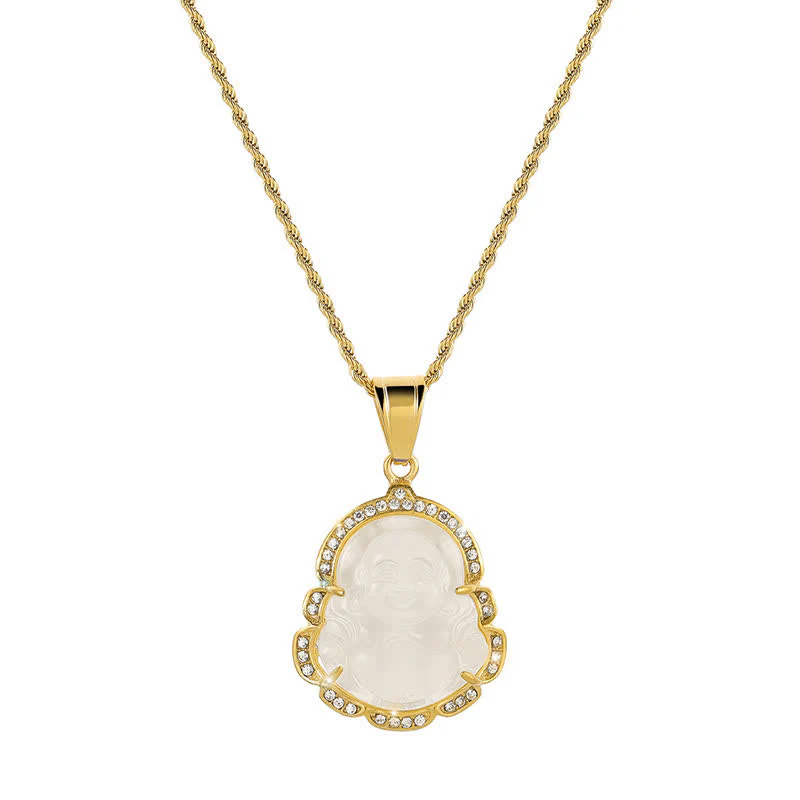 Collana con ciondolo a forma di Buddha in giada con Buddha che ride, riempita in oro 18 carati, Buddha Stones - Image 7