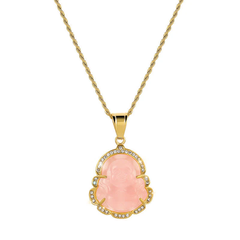 Collana con ciondolo a forma di Buddha in giada con Buddha che ride, riempita in oro 18 carati, Buddha Stones - Image 9