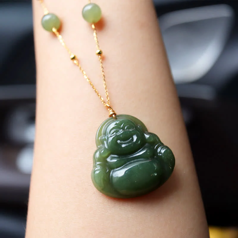 Collana con ciondolo a forma di catena di perline in giada Hetian Buddha che ride