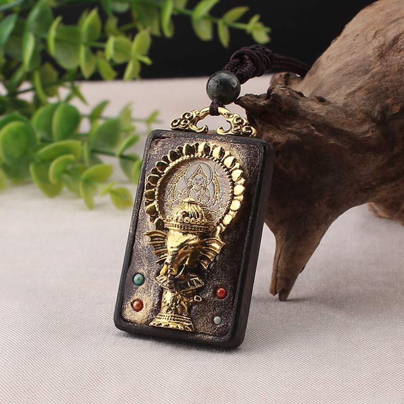 Collana con ciondolo a forma di corda con elefante in legno di ebano e dio della fortuna del Buddha - Image 12