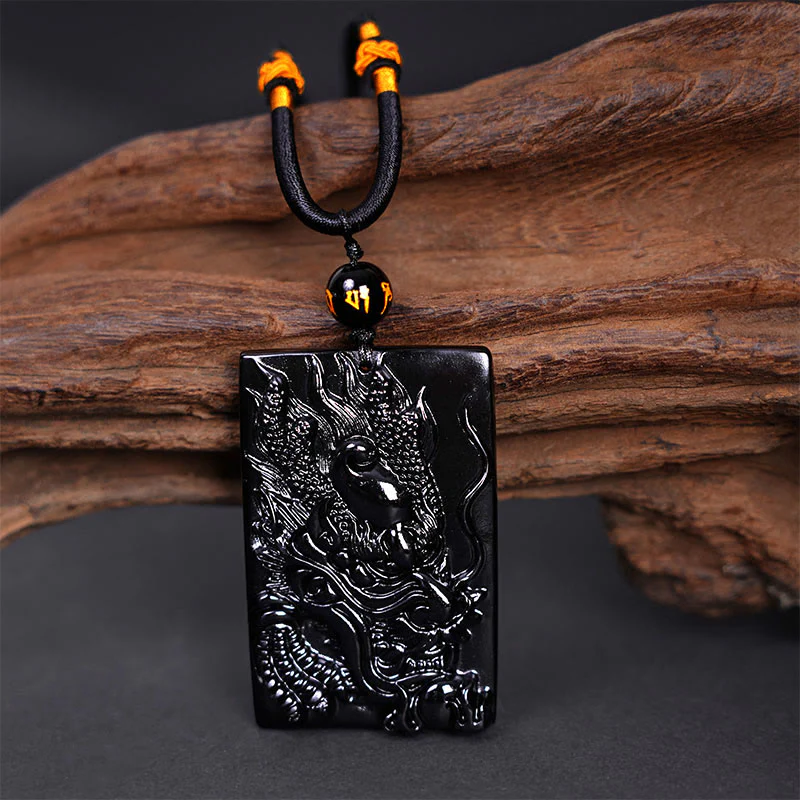 Collana con ciondolo a forma di drago rettangolare in ossidiana nera naturale Buddha Stones incisione - Image 11