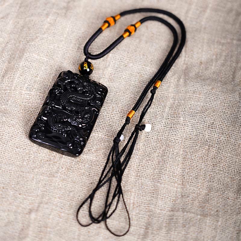 Collana con ciondolo a forma di drago rettangolare in ossidiana nera naturale Buddha Stones incisione - Image 6