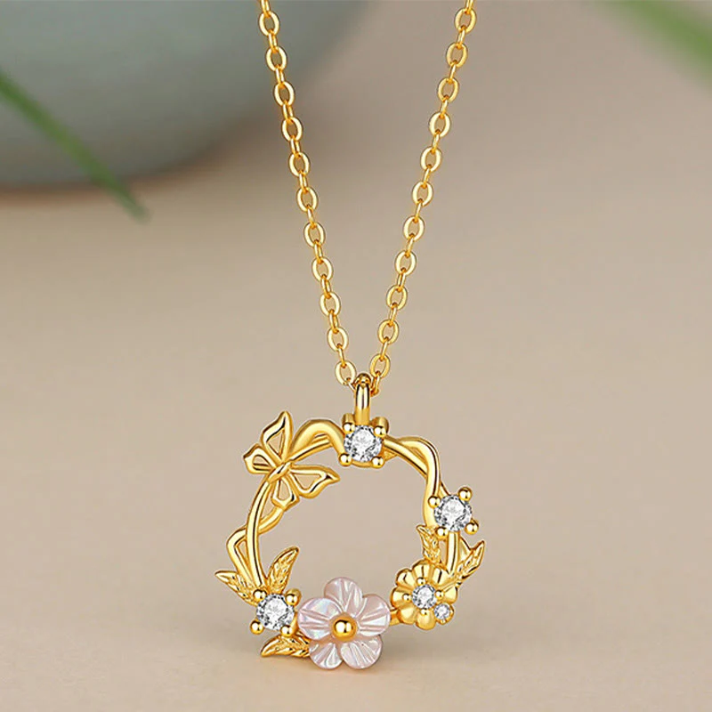 Collana con ciondolo a forma di farfalla con fiore di pesco e zirconi cubici in argento sterling 925 Buddha Stones - Image 2