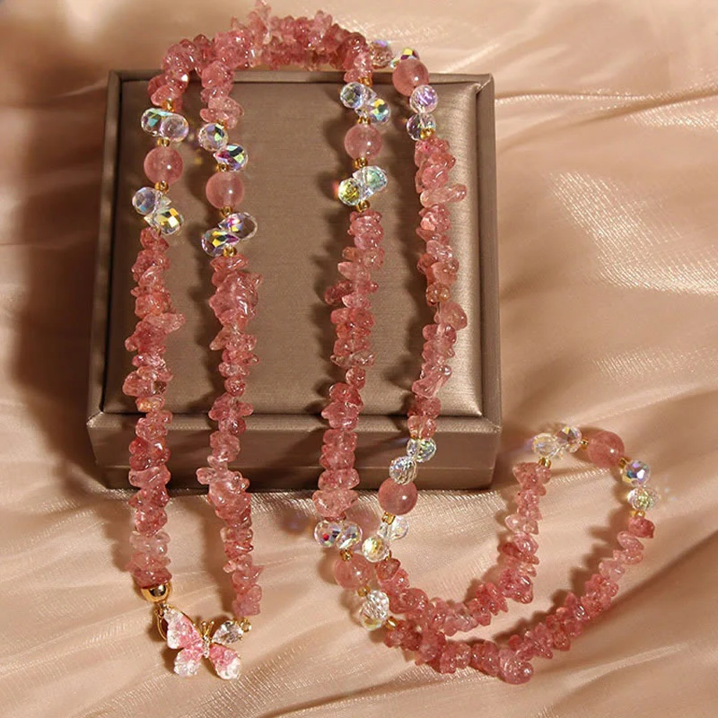 Collana con ciondolo a forma di farfalla, fiore, ametista, quarzo fragola e pietre Buddha Stones. - Image 7