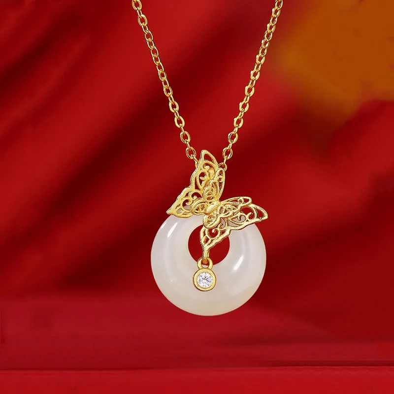 Collana con ciondolo a forma di farfalla in giada naturale Hetian in argento sterling 925 con Buddha Stones e ciondolo della prosperità - Image 10