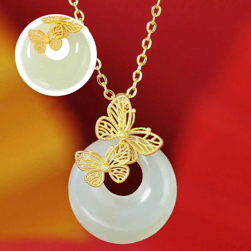 Collana con ciondolo a forma di farfalla in giada naturale Hetian in argento sterling 925 con Buddha Stones e ciondolo della prosperità - Image 3