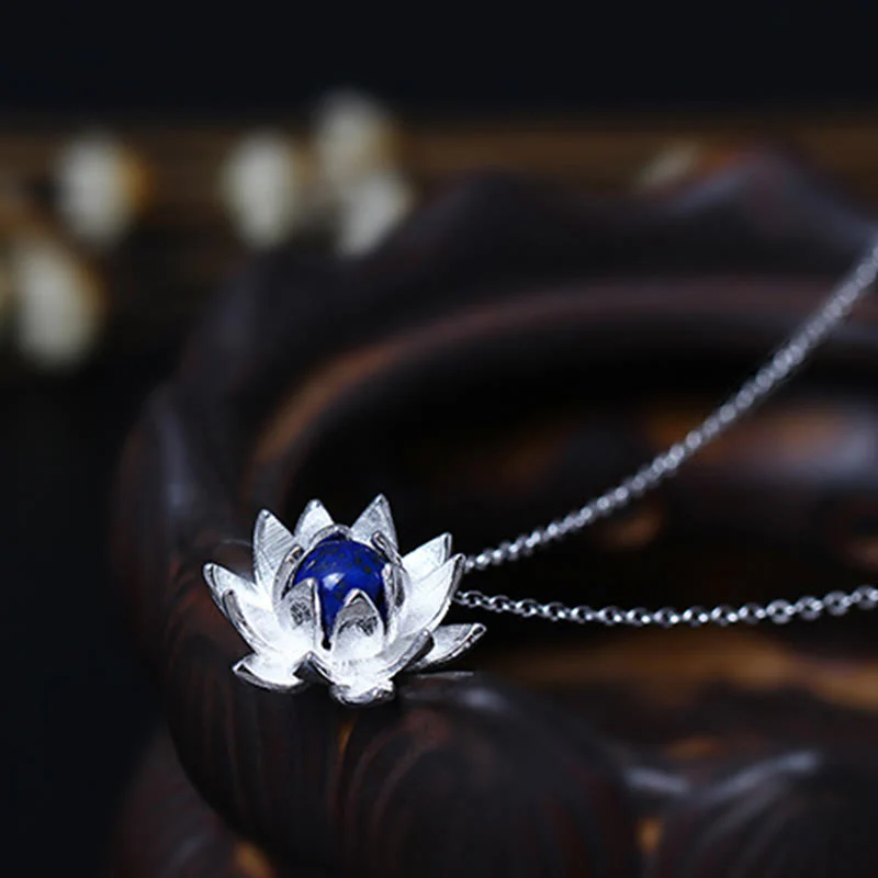 Collana con ciondolo a forma di fiore di loto in argento sterling 925, lapislazzuli e Buddha Stones, per la cura di sé - Image 9