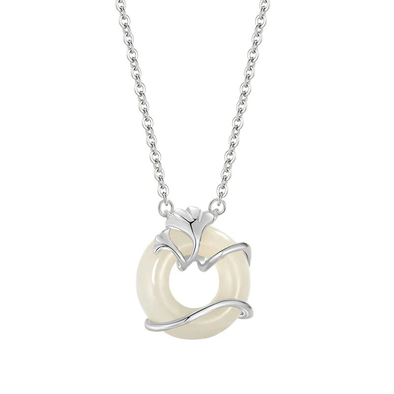 Collana con ciondolo a forma di foglia di ginkgo con fibbia della pace in argento sterling 925 Buddha Stones in giada Hetian - Image 13