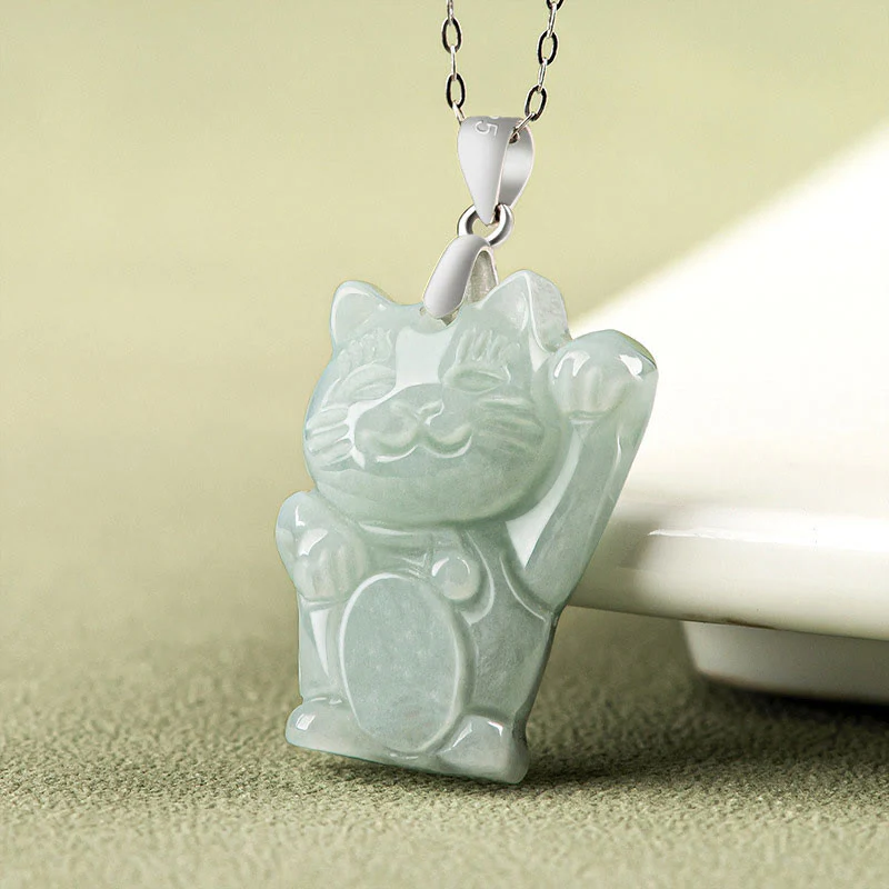 Collana con ciondolo in acciaio al titanio e Buddha Stones, giada, gatto della fortuna e prosperità - Image 2