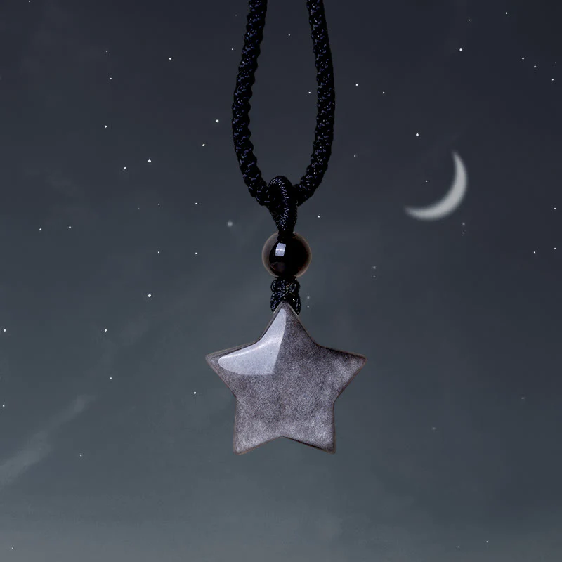 Collana con ciondolo a forma di mezzaluna stellata in ossidiana naturale Buddha Stones argento