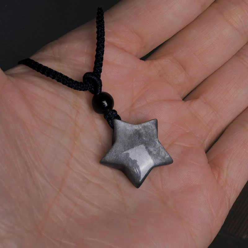 Collana con ciondolo a forma di mezzaluna stellata in ossidiana naturale Buddha Stones argento - Image 7