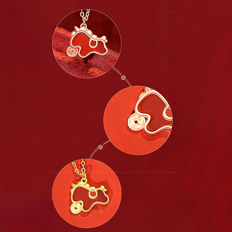 Collana con ciondolo a forma di moneta dell'anno del cavallo in argento sterling 925 Buddha Stones e agata rossa. - Image 8