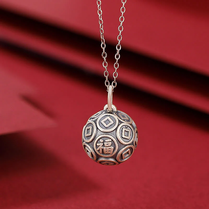 Collana con ciondolo a forma di moneta in rame con ciondolo a forma di catena con ciondolo a forma di moneta in argento sterling 990 Fu Character Buddha Stones - Image 2