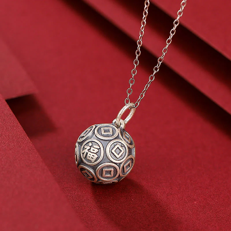 Collana con ciondolo a forma di moneta in rame con ciondolo a forma di catena con ciondolo a forma di moneta in argento sterling 990 Fu Character Buddha Stones - Image 3