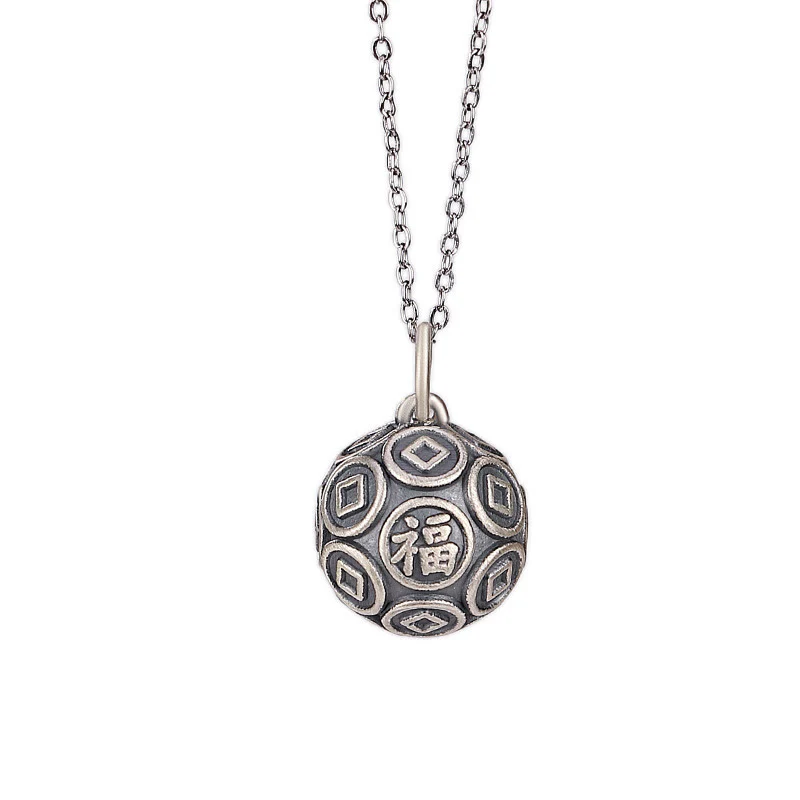 Collana con ciondolo a forma di moneta in rame con ciondolo a forma di catena con ciondolo a forma di moneta in argento sterling 990 Fu Character Buddha Stones - Image 6