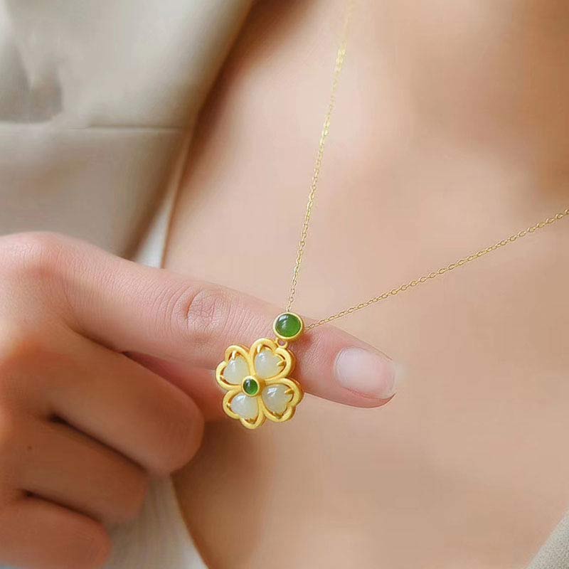 Collana con ciondolo a forma di quadrifoglio fortunato in argento sterling 925 Buddha Stones, giada e prosperità - Image 5