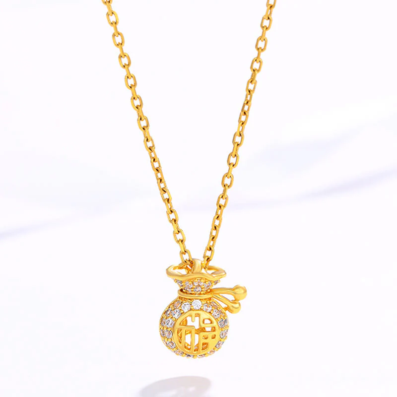 Collana con ciondolo a forma di sacchetto di soldi della fortuna del personaggio Fu placcato in oro 24K - Image 2