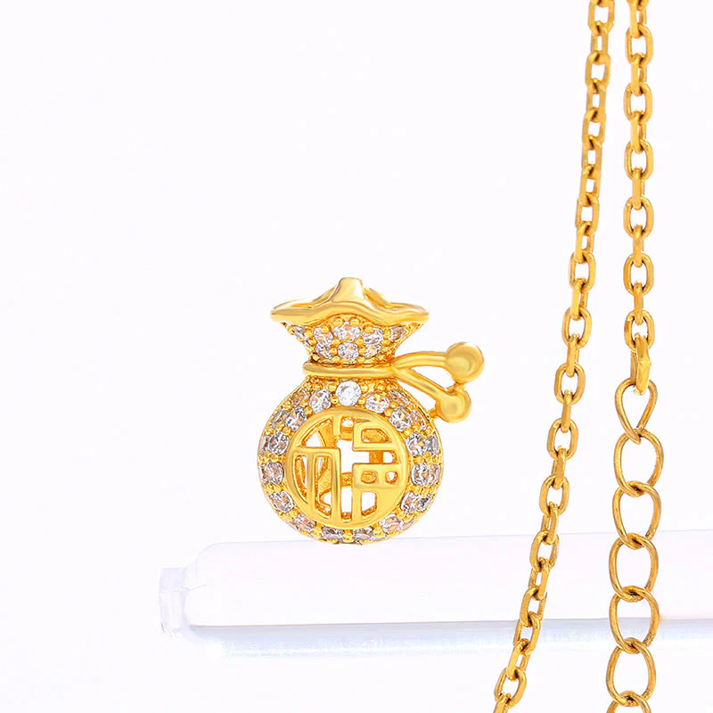 Collana con ciondolo a forma di sacchetto di soldi della fortuna del personaggio Fu placcato in oro 24K - Image 5