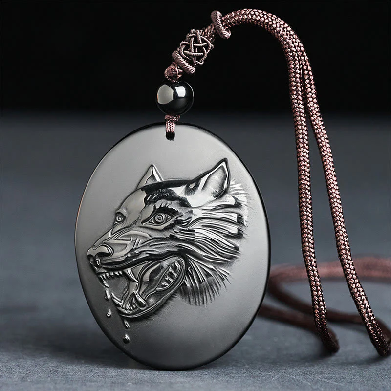 Collana con ciondolo a forma di testa di lupo in ossidiana nera naturale Buddha Stones e forza