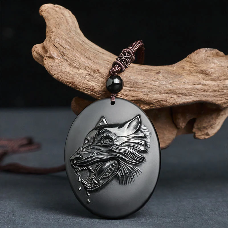 Collana con ciondolo a forma di testa di lupo in ossidiana nera naturale Buddha Stones e forza - Image 2